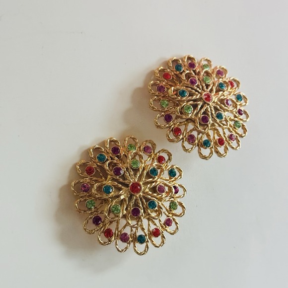 Tara Signed Round Earrings VTG Gold Plated Clip chunky Crystal Statement Regal - Picture 3 of 6